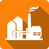 煤炭图标描绘的白色发电站在一个橙色的正方形