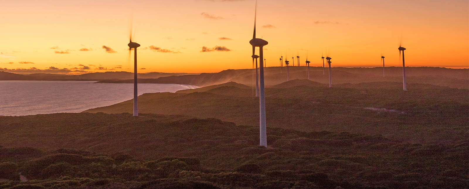 西澳同名小镇附近的奥尔巴尼风电场的日落。